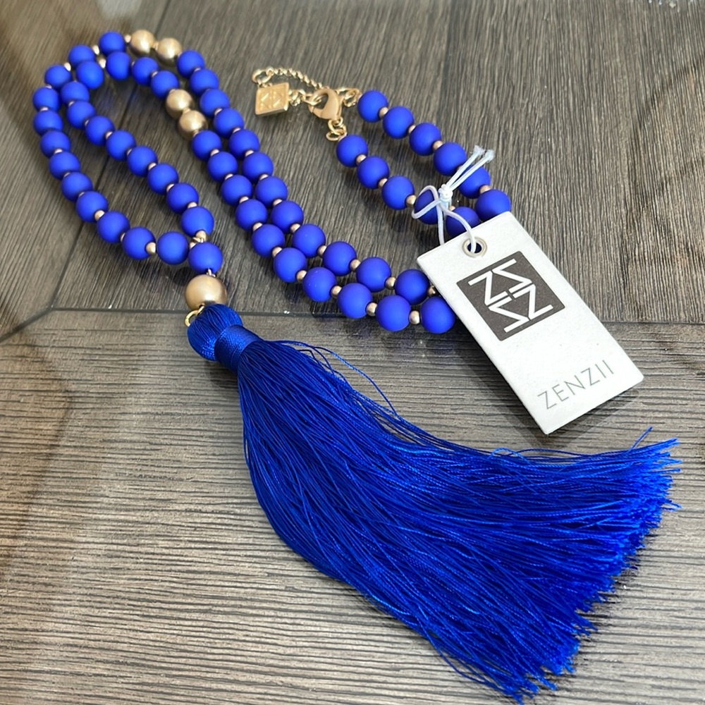 ZENZII FAYE BEADED TASSEL NECKLACE - COBALT BLUE NWT